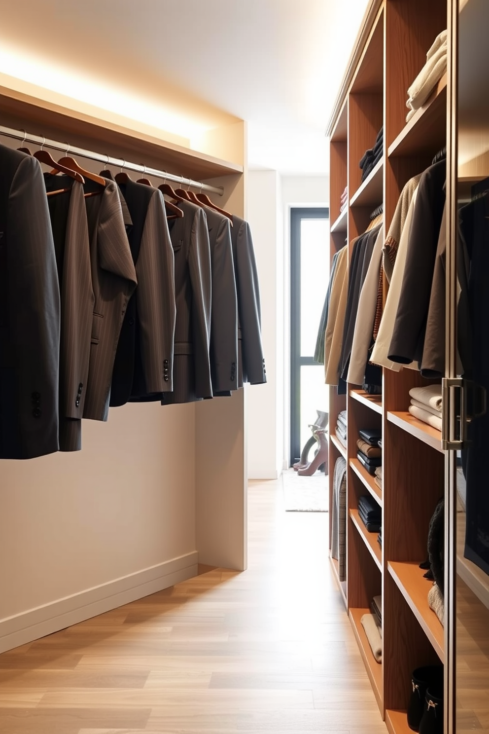 A contemporary condo walk-in closet featuring a double-sided hanging space for maximum efficiency. One side is dedicated to formal wear with tailored suits and dresses, while the other side accommodates casual attire with shelving for folded items.