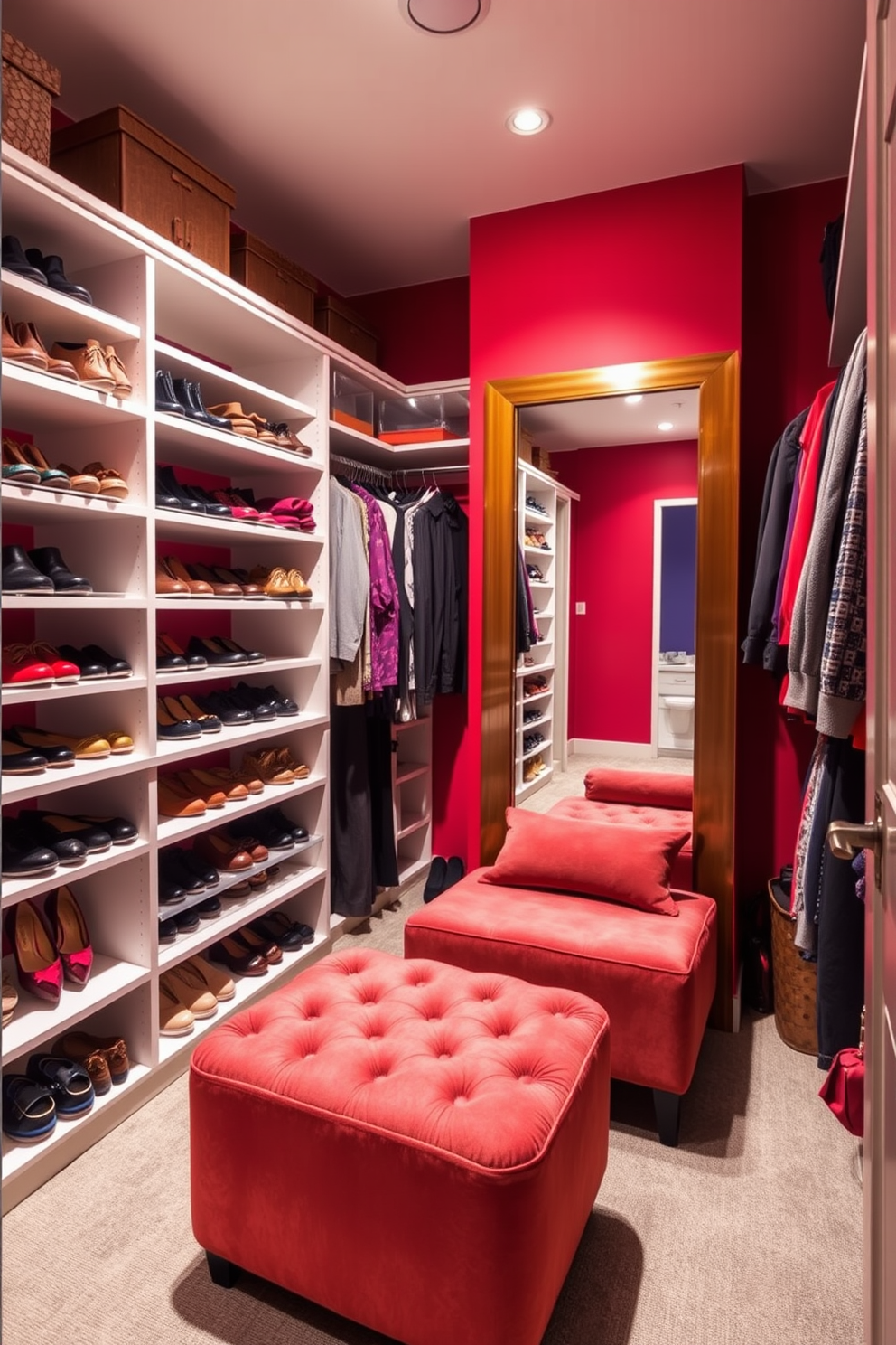 A vibrant condo walk-in closet features colorful accent walls that energize the space. The shelves are lined with neatly organized shoes and accessories, while a plush ottoman provides a comfortable seating area. The lighting is soft yet ample, highlighting the rich hues of the walls. A full-length mirror is strategically placed to reflect the vibrant decor, enhancing the overall aesthetic of the closet.