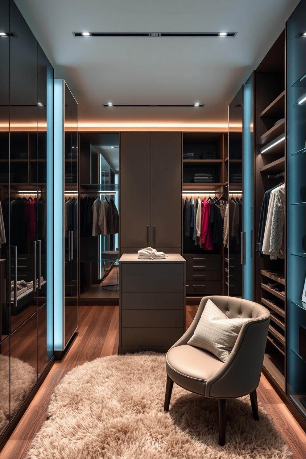 A modern walk-in closet featuring integrated mirrors that create an illusion of spaciousness. The design includes sleek cabinetry with ample storage for clothing and accessories, complemented by soft ambient lighting. The closet is organized with a central island for jewelry and small items, surrounded by hanging spaces for garments. A plush area rug adds comfort underfoot, while stylish seating provides a cozy spot for dressing.