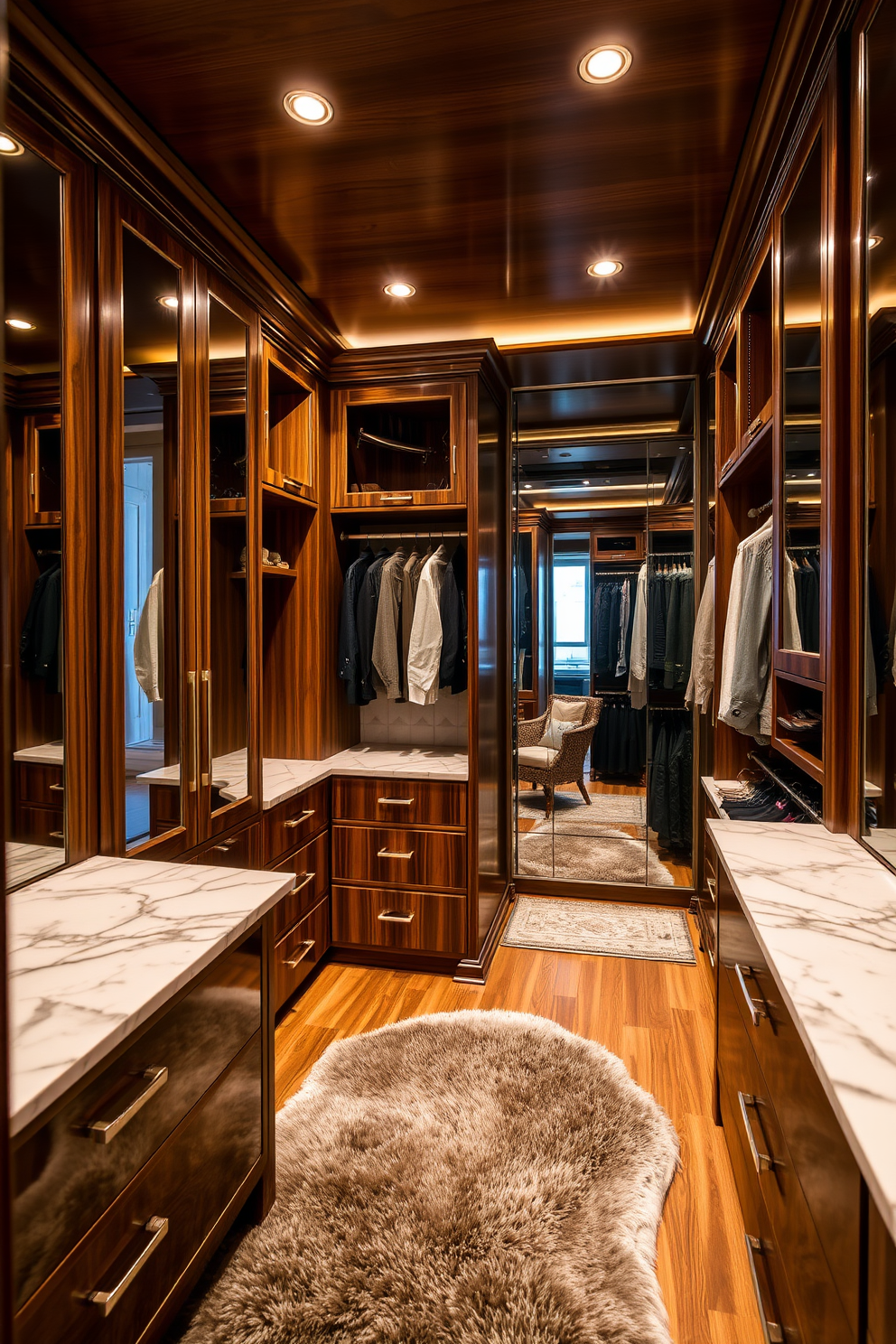 A luxurious walk-in closet featuring elegant marble countertops and custom cabinetry. The space is illuminated by soft recessed lighting, highlighting the rich textures of the wood and the sleek finishes of the fixtures. The closet is organized with a combination of hanging space and shelving, allowing for easy access to clothing and accessories. A plush area rug adds warmth to the room, while a full-length mirror reflects the sophistication of the design.