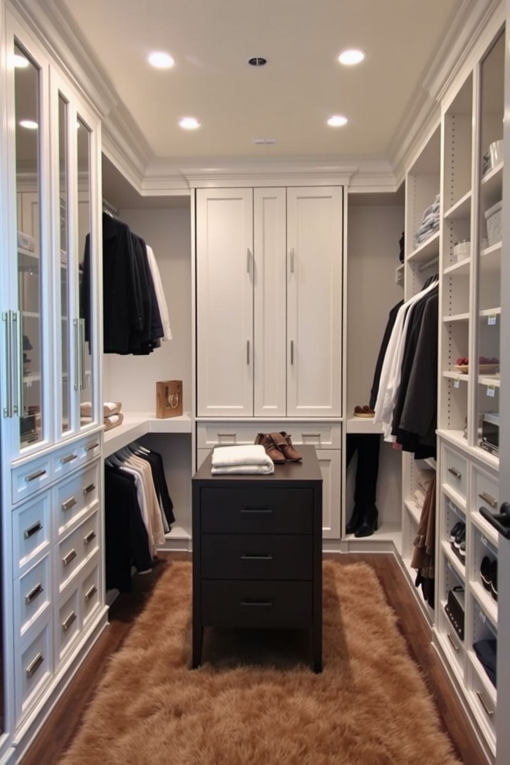 A stylish walk-in closet designed for optimal organization. Personalized labels are affixed to each storage compartment, ensuring easy access to clothing and accessories. The space features built-in shelving units and a central island for folding and displaying items. Soft lighting enhances the ambiance, while a plush rug adds comfort underfoot.