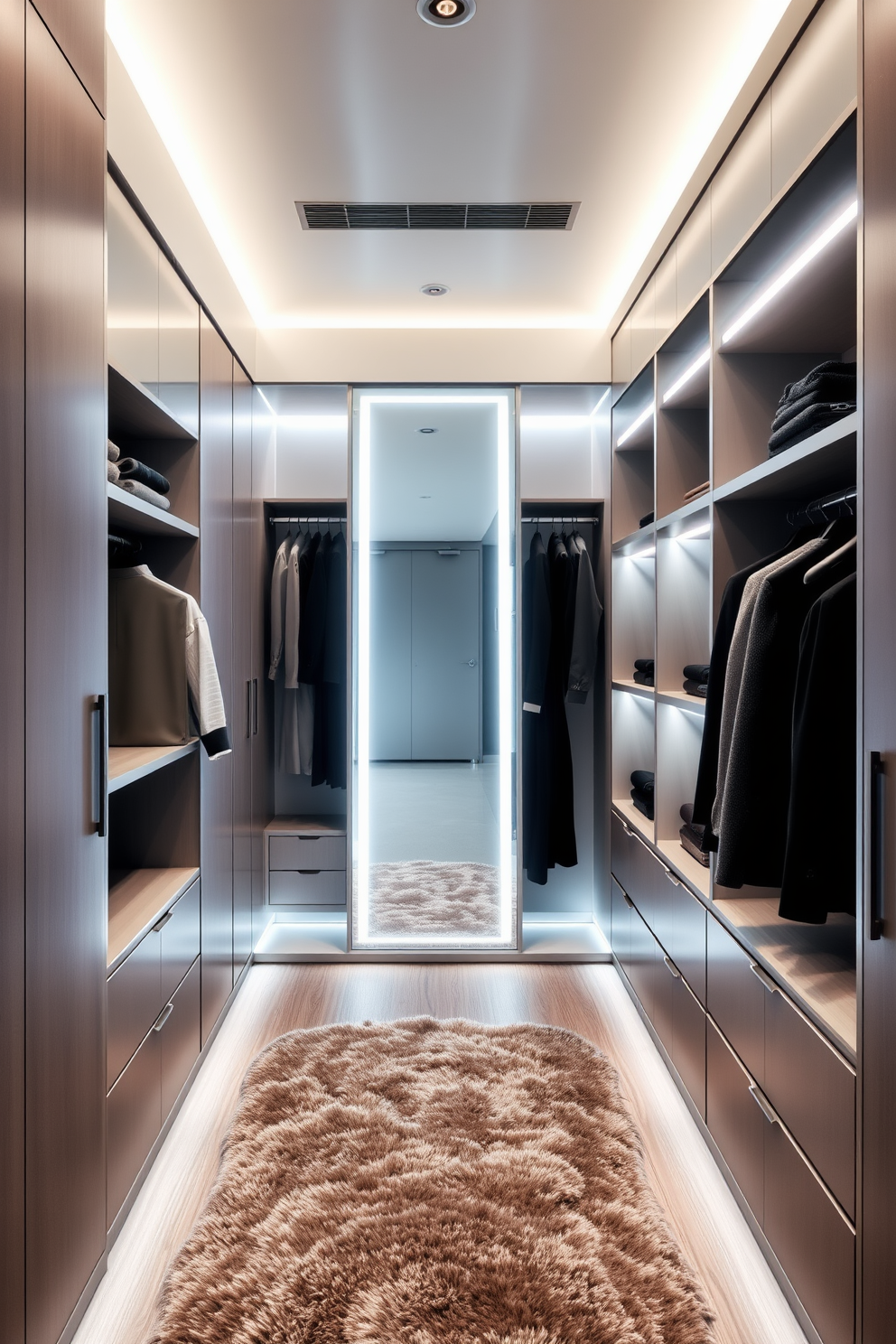 A modern walk-in closet featuring smart technology for closet management. The space includes automated shelving and lighting, with a sleek, minimalist design that maximizes storage efficiency. The walls are lined with custom cabinetry in a soft gray finish, complemented by a plush area rug. A full-length mirror with integrated LED lighting is positioned to enhance the overall ambiance of the closet.