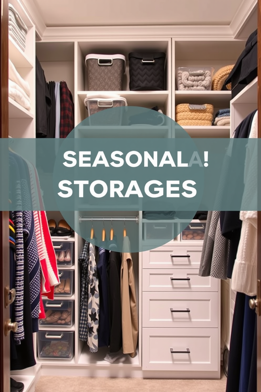 Seasonal storage solutions for efficiency. Utilize vertical space with built-in shelving and clear bins to categorize items by season. Condo walk-in-closet design ideas. Incorporate a mix of hanging rods and drawers to maximize space while maintaining a stylish and organized appearance.