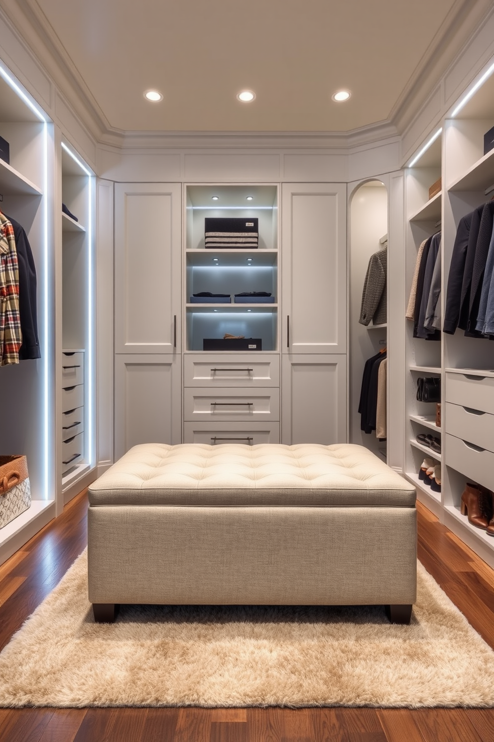 A stylish ottoman is placed in the center of the walk-in closet, featuring a plush fabric in a neutral tone that complements the surrounding decor. The ottoman doubles as a storage solution, with a lift-top design revealing ample space for accessories and shoes. The walk-in closet is designed with custom cabinetry, showcasing elegant shelving and hanging space for clothing. Soft LED lighting illuminates the space, highlighting a chic area rug that adds warmth to the modern aesthetic.