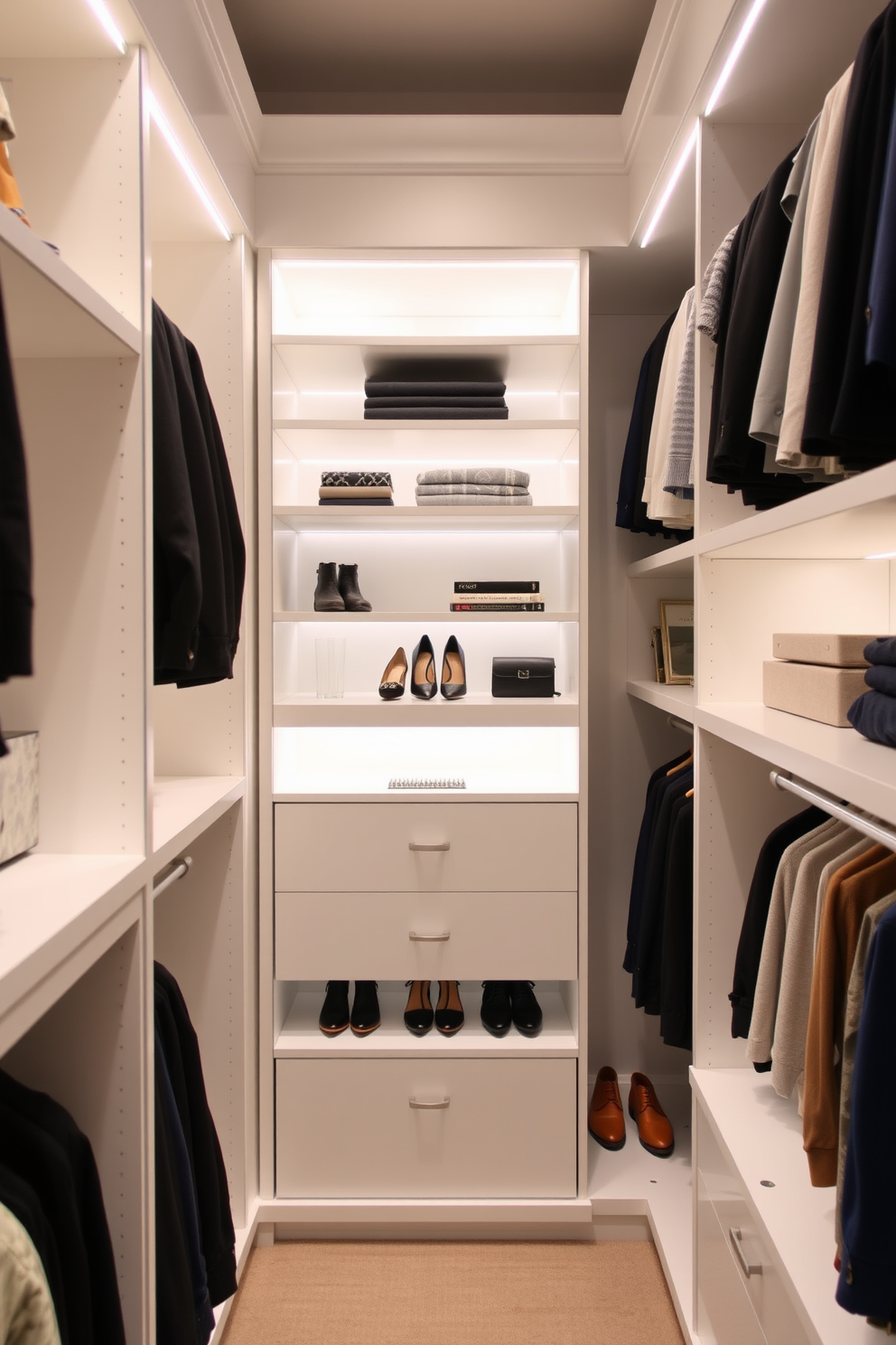 A stylish walk-in closet featuring built-in shelving that provides organized storage for clothing and accessories. The shelves are designed in a sleek white finish, complemented by soft LED lighting that highlights the neatly arranged items.