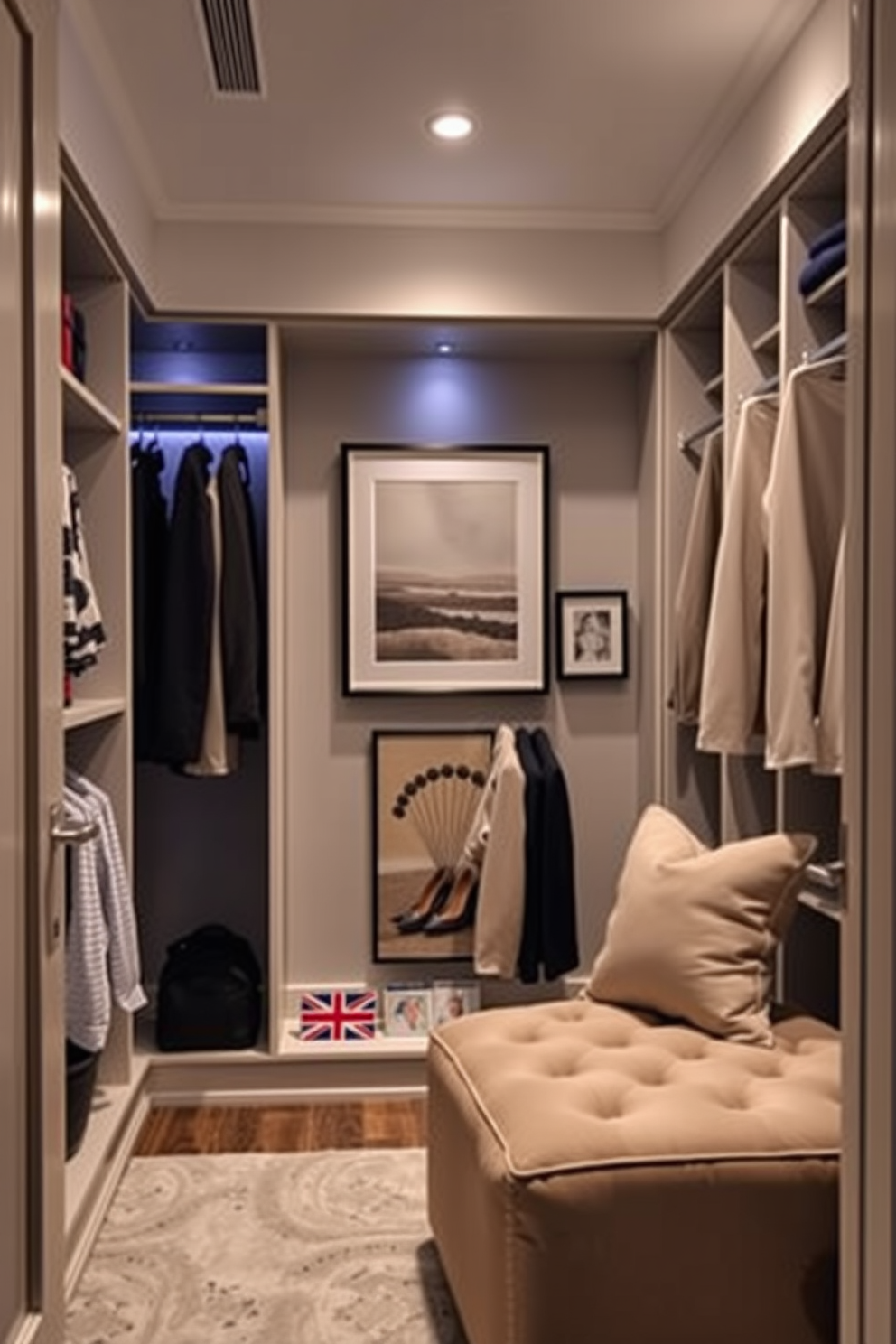 A stylish condo walk-in closet featuring custom shelving and hanging racks. Soft ambient lighting highlights the organized space, while a plush ottoman provides a comfortable seating area. An elegant artwork display showcasing a curated collection of framed prints and paintings. The arrangement is thoughtfully designed to create a focal point, enhancing the personal touch of the living space.