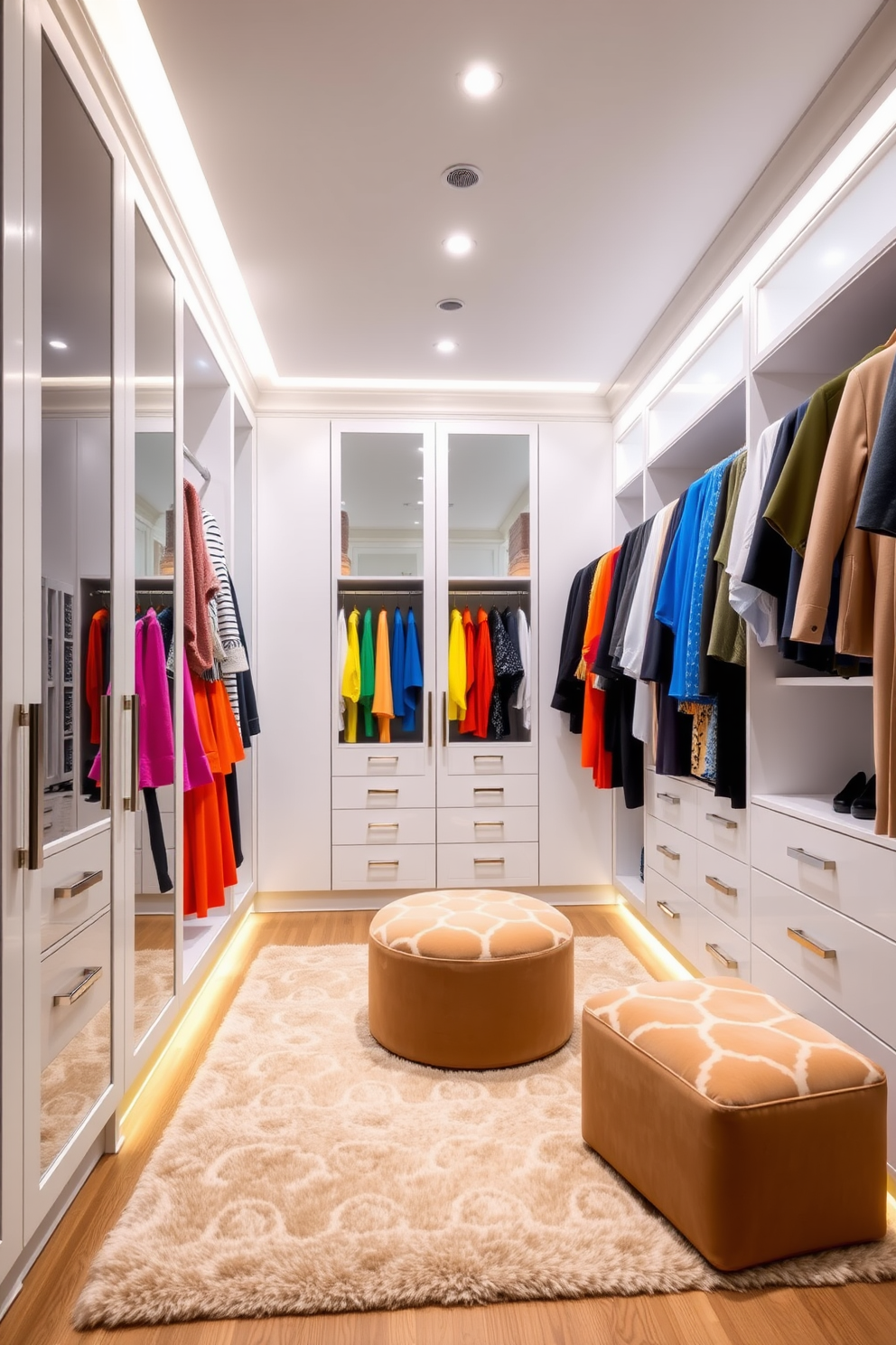 A luxurious walk-in closet designed for a modern condo featuring a color-coordinated clothing display. The walls are lined with sleek white cabinetry and soft lighting illuminates the space, highlighting the organized racks of clothing in complementary tones. A plush area rug in a neutral shade adds warmth to the room while a stylish ottoman provides a comfortable seating option. Full-length mirrors reflect the vibrant colors of the garments, creating an inviting atmosphere that encourages effortless style selection.