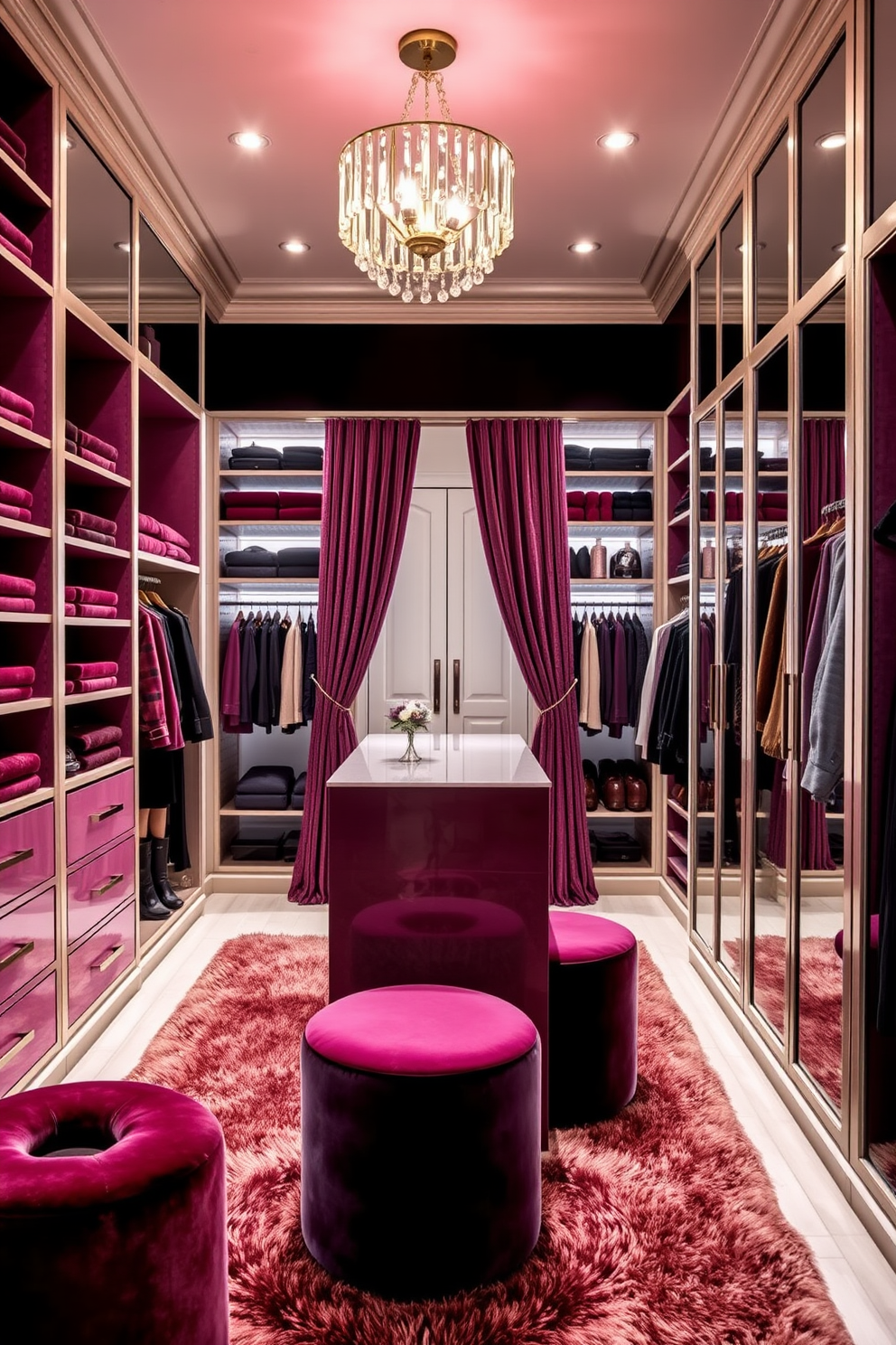 A luxurious walk-in closet featuring plush velvet accents in rich jewel tones. The space includes custom shelving and a chic island with velvet stools, creating an inviting and sophisticated atmosphere. Soft lighting highlights the textures of the velvet, while mirrored surfaces enhance the sense of space and elegance. A plush area rug adds warmth underfoot, making the closet feel like a personal retreat.