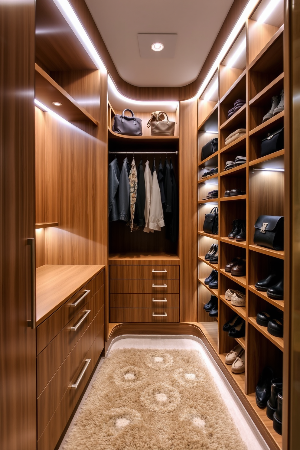 A spacious walk-in closet featuring sleek built-in cabinetry with in-cabinet lighting to enhance visibility. The design includes a combination of hanging space for clothing and drawers for accessories, all finished in a warm wood tone. Soft LED lights illuminate the shelves, showcasing neatly organized shoes and handbags. A plush area rug adds comfort underfoot, while a full-length mirror reflects the stylish layout of the closet.