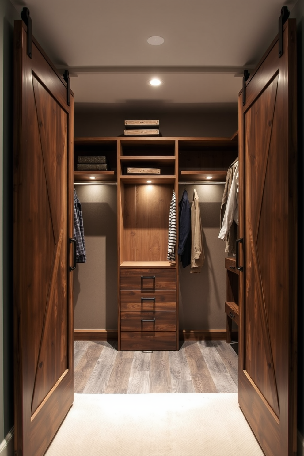 A cozy walk-in closet featuring sliding barn doors that add rustic charm. The interior showcases custom shelving and hanging racks made of reclaimed wood, with soft ambient lighting illuminating the space.