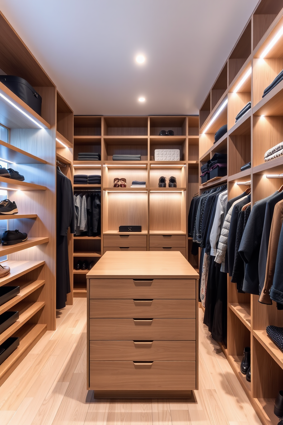 A modern walk-in closet featuring open shelving for easy access to clothing and accessories. The design incorporates sleek wooden shelves and a central island with drawers for additional storage, all illuminated by soft LED lighting.