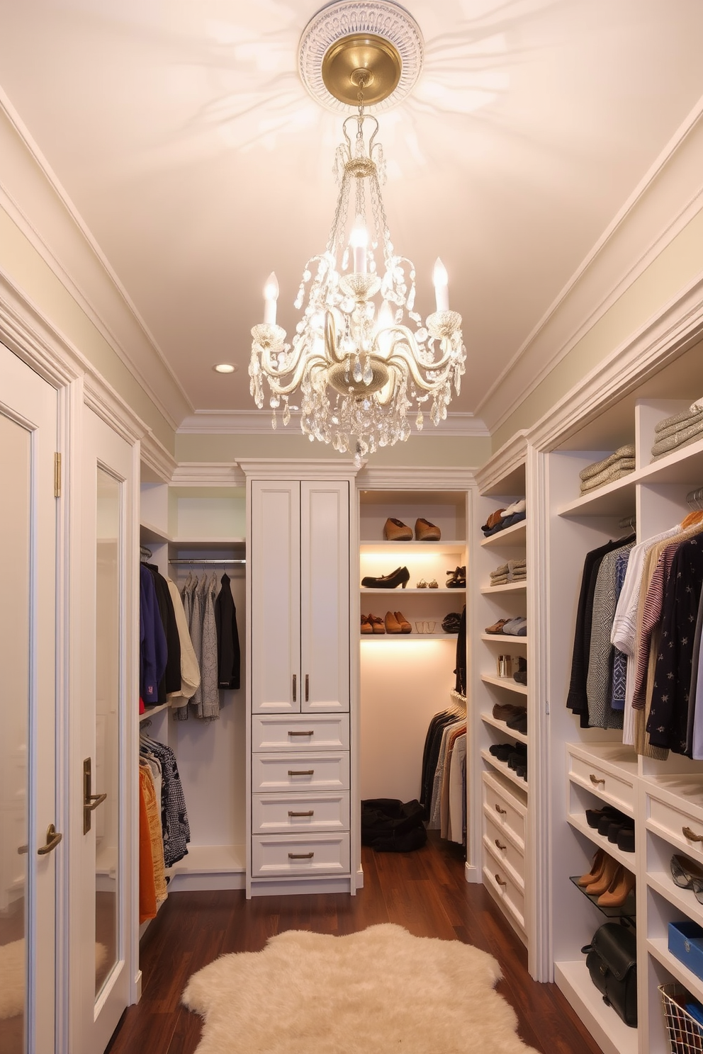 An elegant chandelier hangs gracefully from the ceiling, casting a warm glow over the space. The design features intricate crystal details that reflect light beautifully, enhancing the overall ambiance. The walk-in closet is designed with custom shelving and ample storage for clothing and accessories. Soft lighting highlights the organized layout, while a plush rug adds a touch of luxury underfoot.