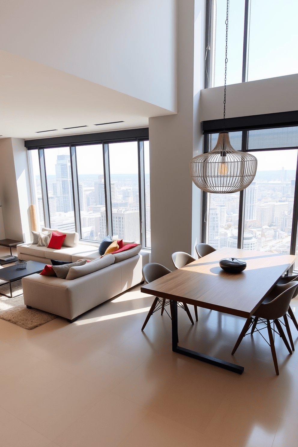 Open plan living space featuring a large sectional sofa in a neutral color with colorful accent pillows. The room is bathed in natural light from floor-to-ceiling windows, showcasing a stunning city view. A sleek dining area with a modern wooden table surrounded by stylish chairs complements the living area. The walls are painted in a soft gray, and a statement pendant light hangs above the dining table, adding a touch of elegance.