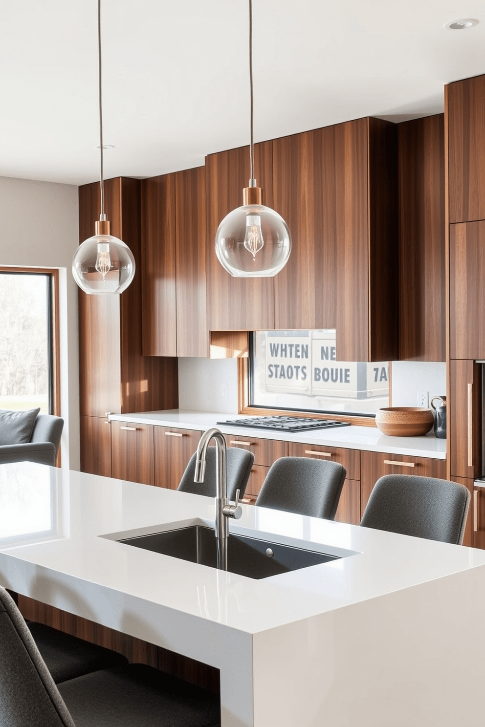 A sleek kitchen island with a glossy white countertop and integrated sink serves as the focal point of the space. Surrounding the island are high-backed bar stools in a muted gray fabric, creating a cozy yet modern seating area. The cabinetry features clean lines and a minimalist design in a rich walnut finish, complementing the overall contemporary aesthetic. Large windows allow natural light to flood the room, highlighting the stylish pendant lights hanging above the island.