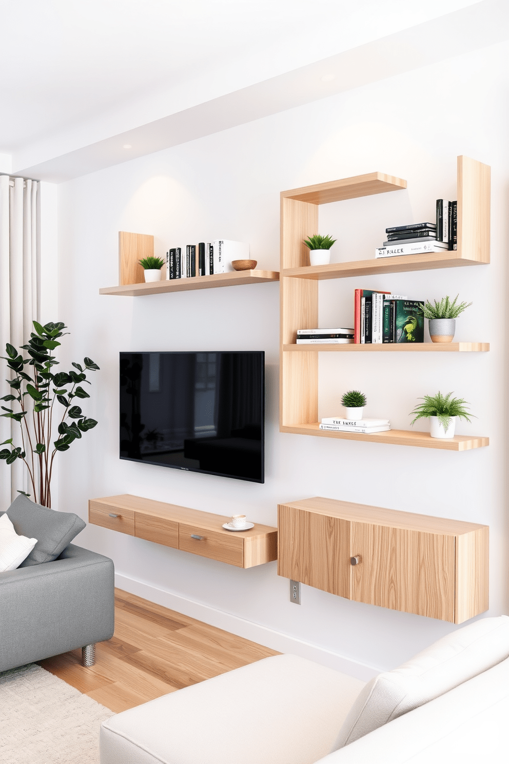 A contemporary apartment features wall-mounted shelves that create a sleek and modern look. The shelves are made of light wood and are arranged asymmetrically, providing both storage and decorative space for books and plants. The living area showcases a minimalist aesthetic with a neutral color palette and clean lines. A cozy seating arrangement complements the shelves, enhancing the overall functionality and style of the space.