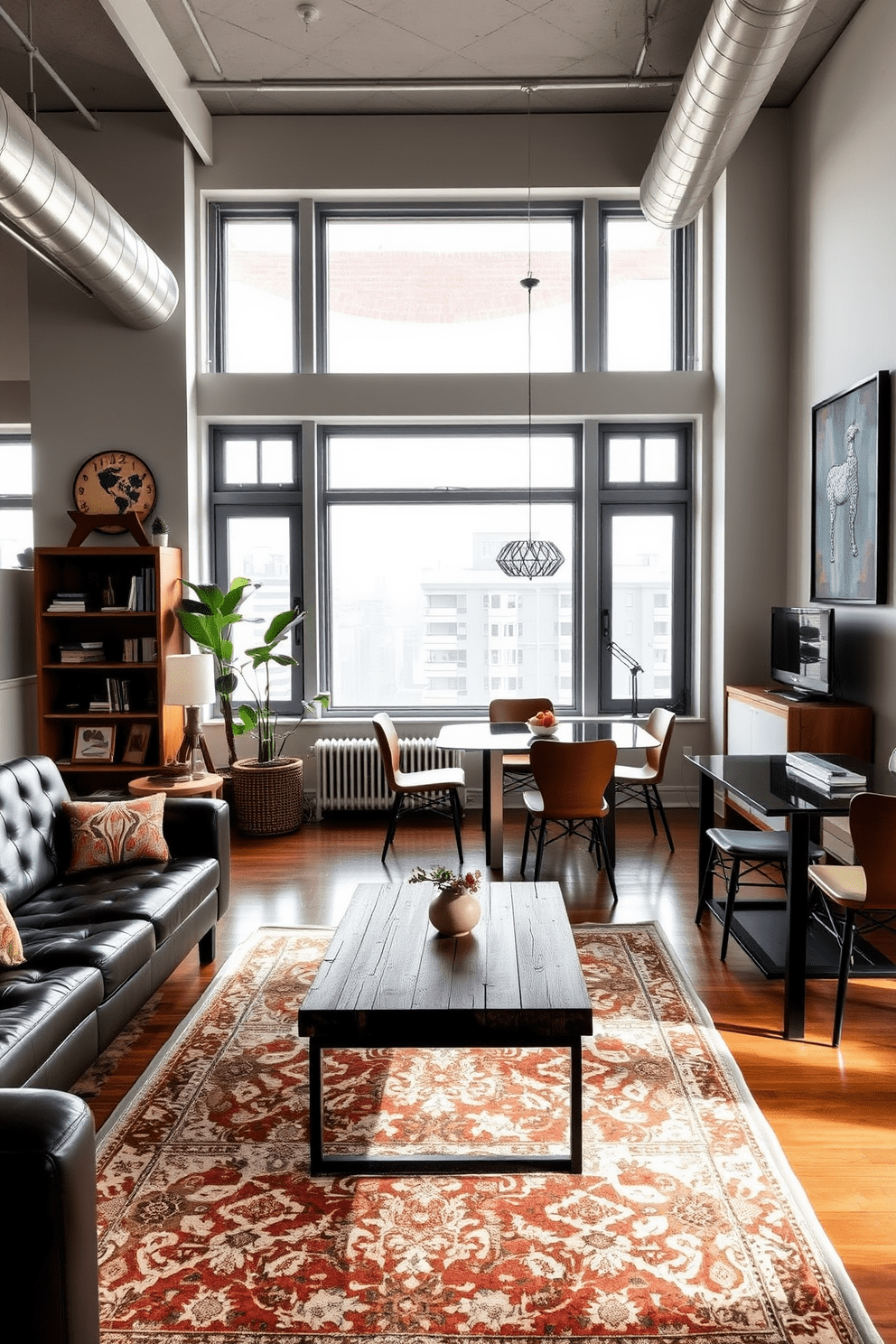 A contemporary apartment featuring a blend of vintage and modern decor elements. The living room showcases a sleek leather sofa paired with a reclaimed wood coffee table, while a vintage rug adds warmth to the space. In the dining area, a modern glass table is surrounded by mismatched vintage chairs, creating an eclectic yet cohesive look. Large windows allow natural light to flood in, highlighting the unique art pieces that adorn the walls.