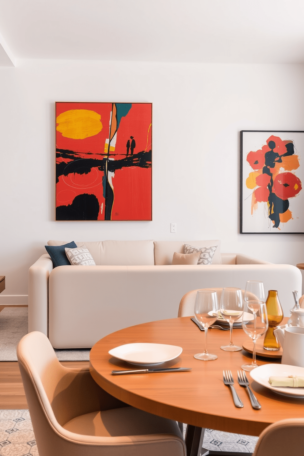 A contemporary apartment features bold artwork as the focal point in the living room. The walls are painted in a neutral tone to enhance the vibrancy of the artwork, which is displayed prominently above a sleek, modern sofa. In the dining area, a striking piece of abstract art adds character to the space. The dining table is set with elegant tableware, and the artwork complements the minimalist decor, creating an inviting atmosphere.