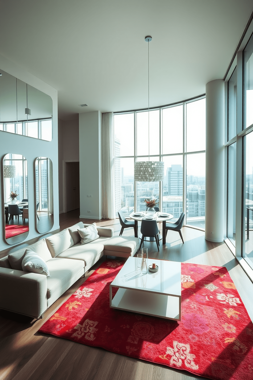 A contemporary apartment design featuring large floor-to-ceiling windows that flood the space with natural light. The living area includes a sleek sectional sofa in a neutral tone, paired with a minimalist coffee table and a vibrant area rug. Mirrors are strategically placed on the walls to enhance the sense of openness and reflect the light. The dining area showcases a modern table surrounded by stylish chairs, with a statement chandelier hanging above for added elegance.