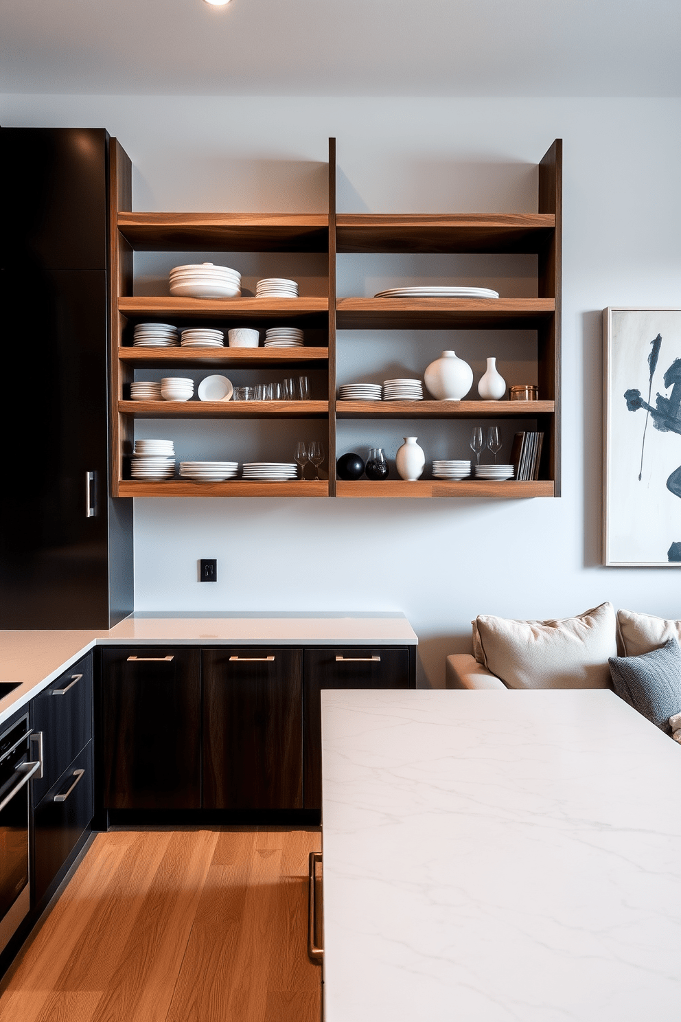 Open shelving in kitchens creates a stylish and functional space for displaying dishware and decor. The shelves are made of reclaimed wood and are arranged above a sleek marble countertop, adding warmth and character to the contemporary design. Contemporary apartment design ideas focus on clean lines and minimalism. The living area features a neutral color palette with a large sectional sofa, a glass coffee table, and abstract artwork adorning the walls.