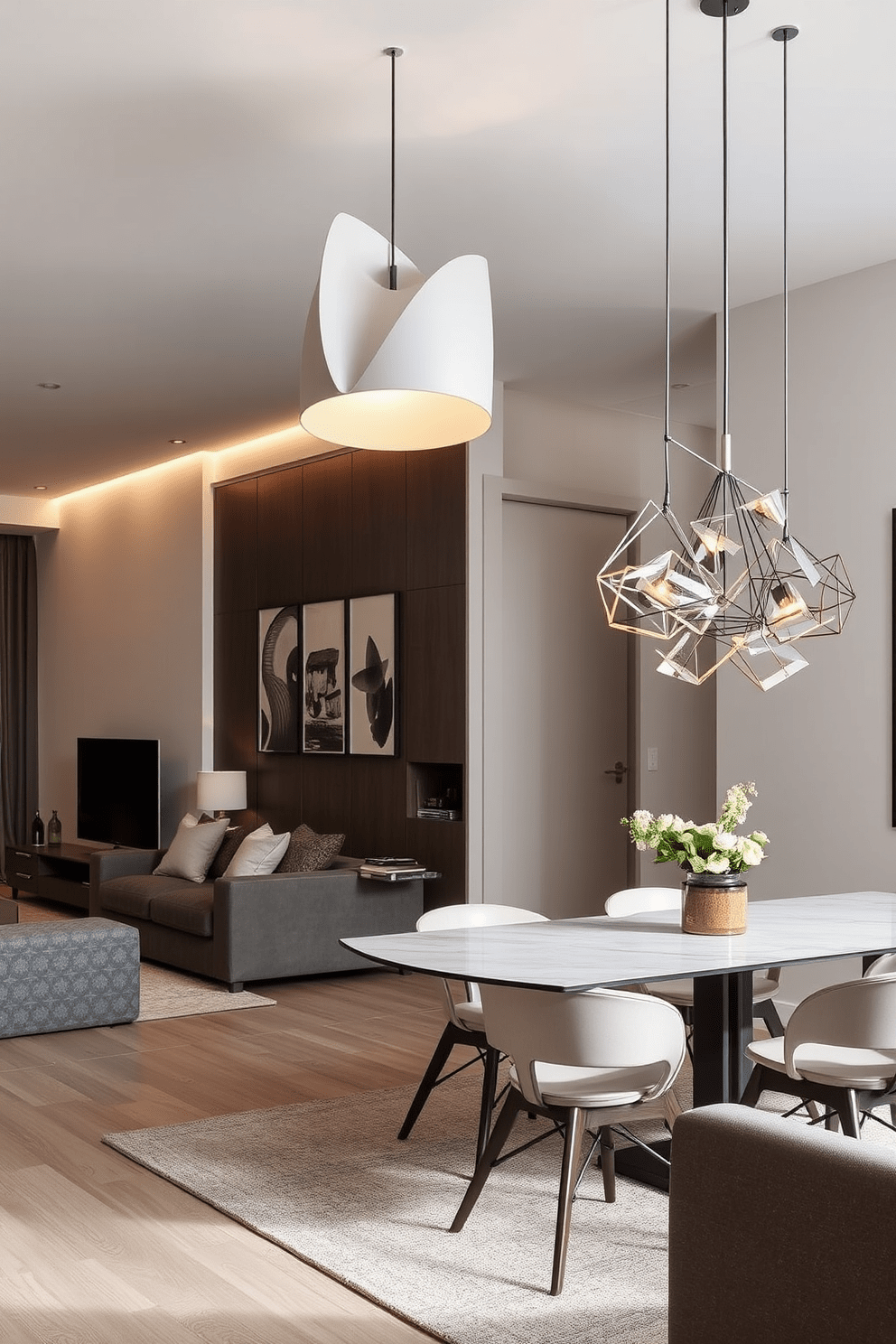 A contemporary apartment features unique light fixtures that serve as statement pieces throughout the space. The living area showcases a large, sculptural pendant light that draws the eye and complements the modern decor. In the dining area, a cluster of geometric chandeliers hangs above a sleek dining table, creating a focal point that enhances the ambiance. The use of mixed materials in the light fixtures adds texture and visual interest to the overall design.