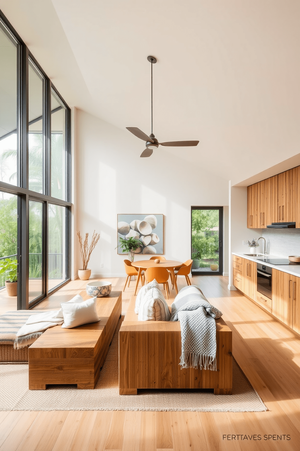 A contemporary apartment featuring an open concept layout that emphasizes natural light and sustainable materials. The living area showcases reclaimed wood furniture paired with organic cotton textiles, creating a warm and inviting atmosphere. The kitchen boasts energy-efficient appliances and bamboo cabinetry, seamlessly blending functionality with eco-friendly design. Large windows provide a view of greenery, enhancing the connection between indoor and outdoor spaces.