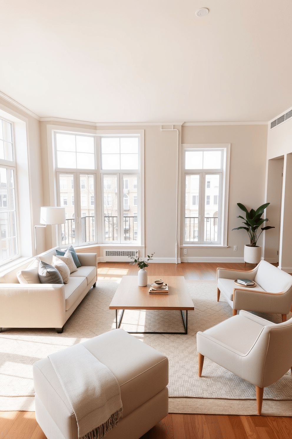 A serene living room featuring a neutral color palette that promotes a calming atmosphere. The walls are painted in soft beige, complemented by a plush cream sofa adorned with light gray throw pillows. A sleek coffee table made of light wood sits in the center, surrounded by minimalist accent chairs. Large windows allow natural light to flood the space, enhancing the airy feel of the apartment.