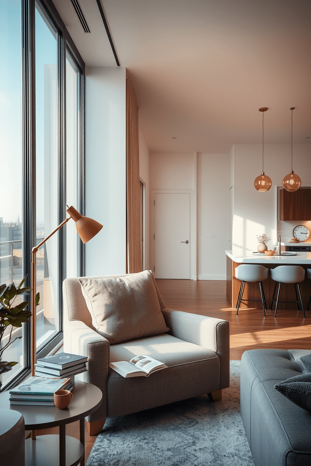 Cozy reading nook with a plush armchair upholstered in soft fabric, positioned next to a large window that lets in natural light. A small side table holds a stack of books and a steaming cup of tea, while a floor lamp casts a warm glow in the corner. Contemporary apartment design featuring an open floor plan with sleek furniture and minimalist decor. The living area seamlessly flows into the kitchen, showcasing a large island with modern bar stools and stylish pendant lighting overhead.