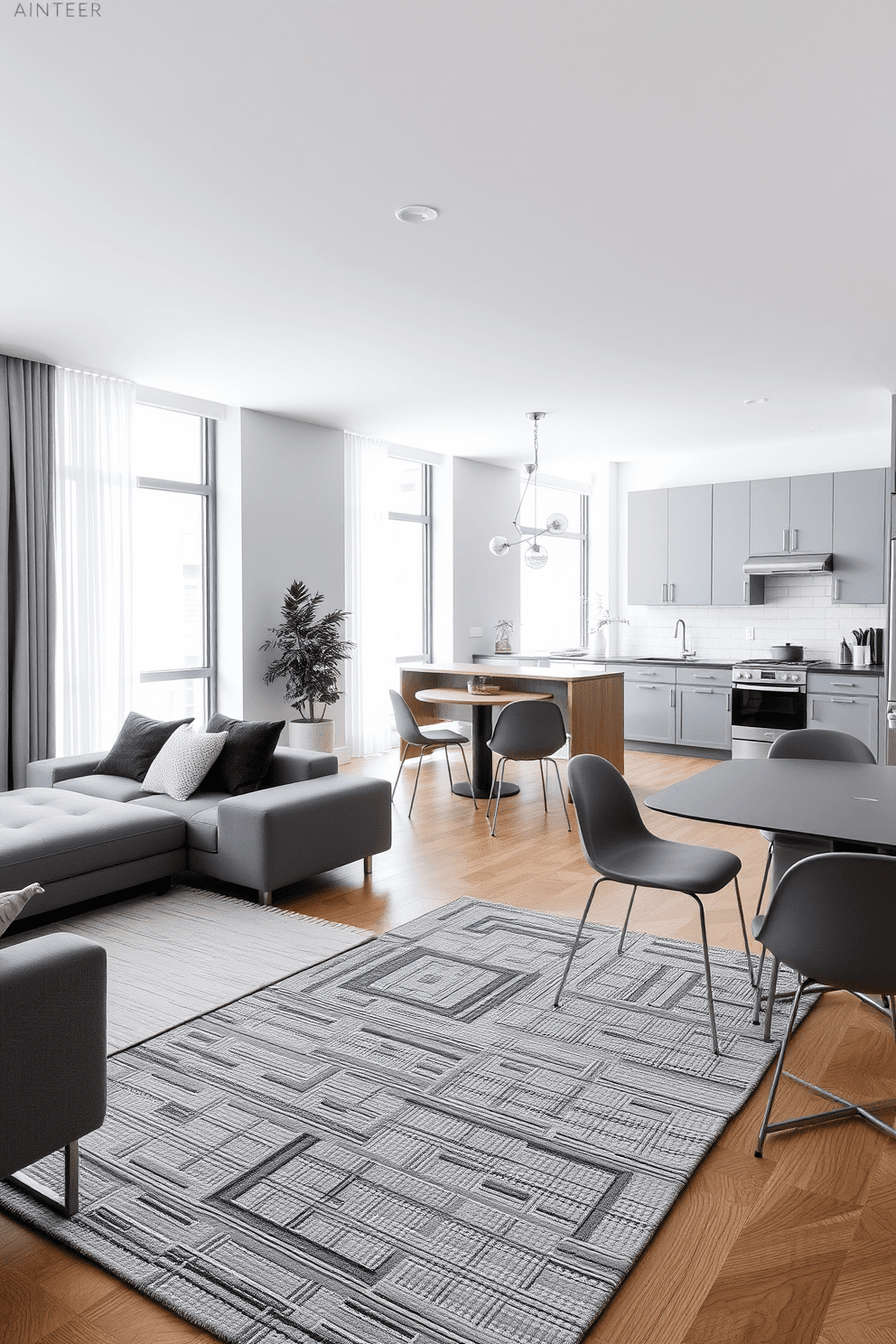 A contemporary apartment featuring a monochromatic color scheme with shades of gray. The living area includes a sleek gray sofa complemented by a textured area rug, and large windows allow natural light to flood the space. The kitchen boasts minimalist cabinetry in a matching gray tone, with stainless steel appliances adding a modern touch. A dining area with a simple gray table and elegant chairs creates a cohesive and sophisticated atmosphere.