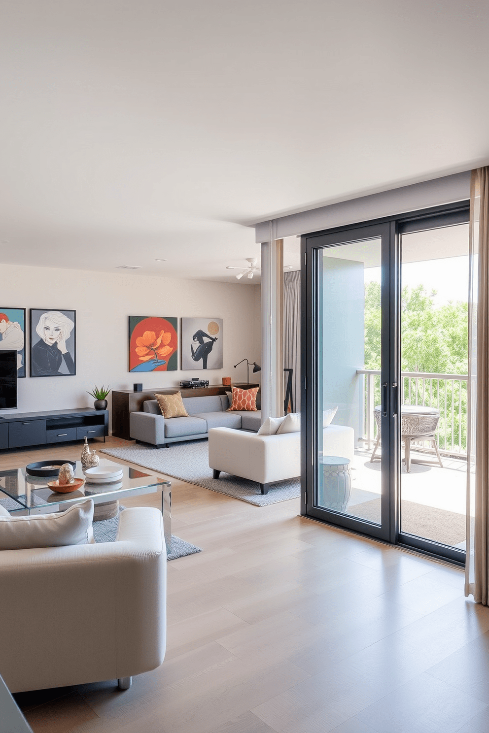 A contemporary apartment features sliding doors that seamlessly connect the living space to a private balcony. The open layout allows for flexible room usage, creating a versatile environment perfect for entertaining or relaxation. The interior showcases a neutral color palette with pops of vibrant artwork that add character to the space. Sleek, modern furniture complements the overall design, enhancing the apartment's contemporary aesthetic.