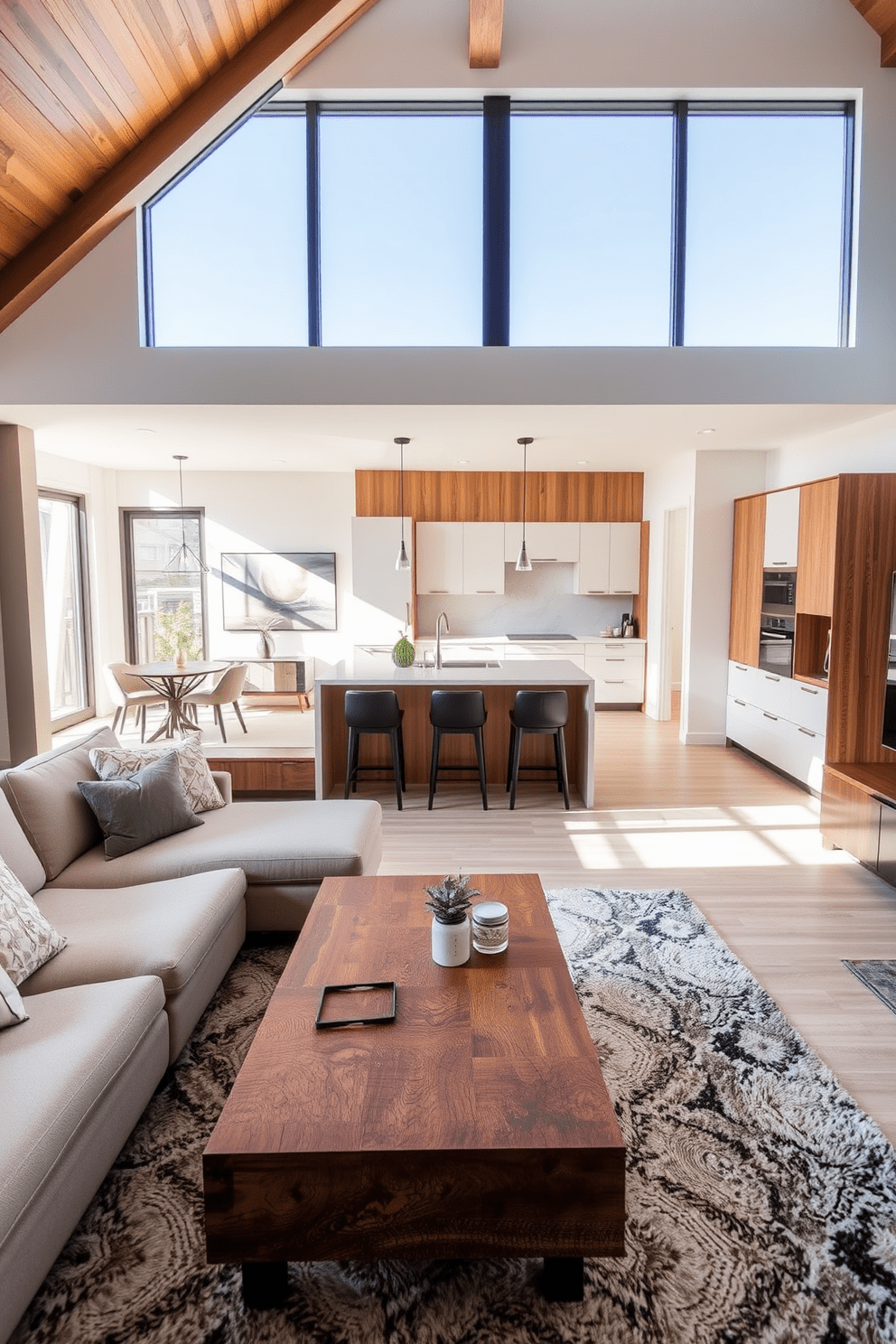 A contemporary apartment design featuring open spaces and natural light. The living area includes a large sectional sofa in a neutral tone, complemented by a reclaimed wood coffee table and a plush area rug. The kitchen showcases sleek cabinetry with natural wood accents, providing warmth and texture. A large island with bar seating invites social interaction and enhances functionality.