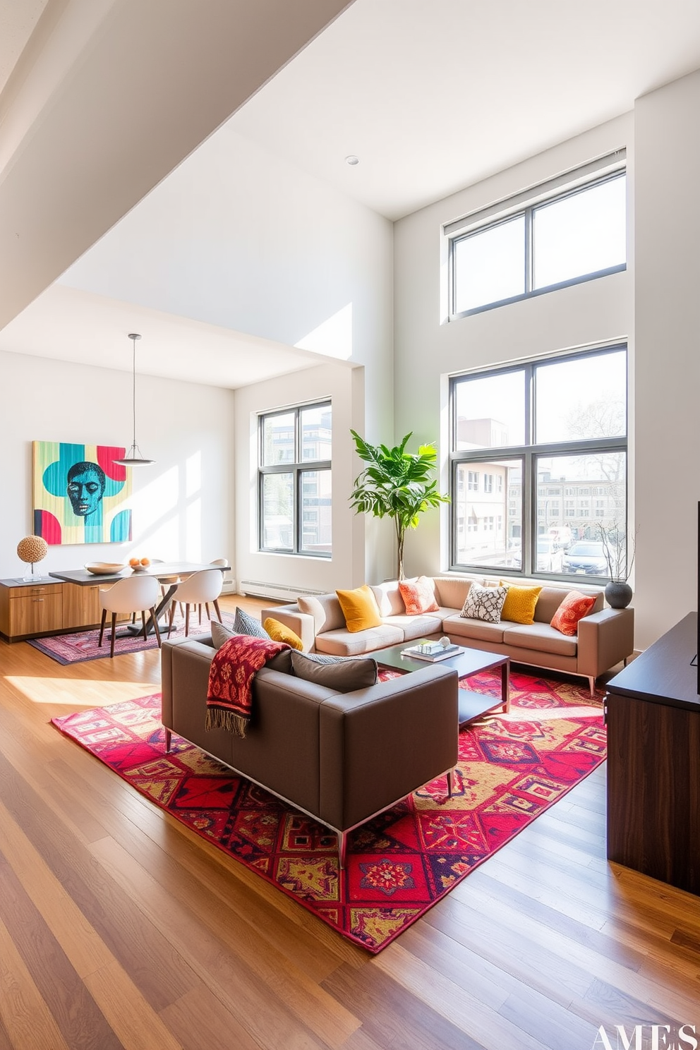 A contemporary apartment with an open floor plan featuring a spacious living area. The space is adorned with bold textiles including a vibrant area rug and colorful throw pillows on a sleek sofa. Large windows allow natural light to flood the room, enhancing the modern aesthetic. A statement art piece hangs on the wall, complementing the overall color scheme and adding visual interest.