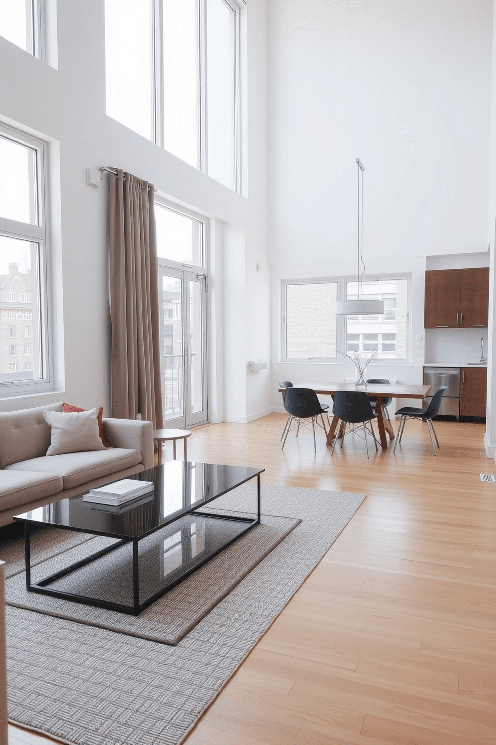 A contemporary apartment featuring minimalist furniture with clean lines. The living area showcases a sleek sofa in a neutral tone paired with a glass coffee table and a simple geometric rug. The dining space includes a rectangular wooden table surrounded by modern chairs with metal accents. Large windows allow natural light to flood the room, enhancing the airy feel of the design.