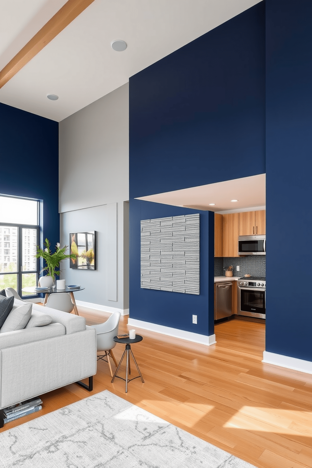 A contemporary apartment features an accent wall painted in a deep navy blue, which contrasts beautifully with the light gray walls surrounding it. The wall is adorned with a textured panel that adds depth and interest, creating a focal point in the living space. The open floor plan includes a modern kitchen with sleek cabinetry and stainless steel appliances, seamlessly integrated with the living area. Large windows allow natural light to flood the space, highlighting the vibrant colors and textures throughout the apartment.