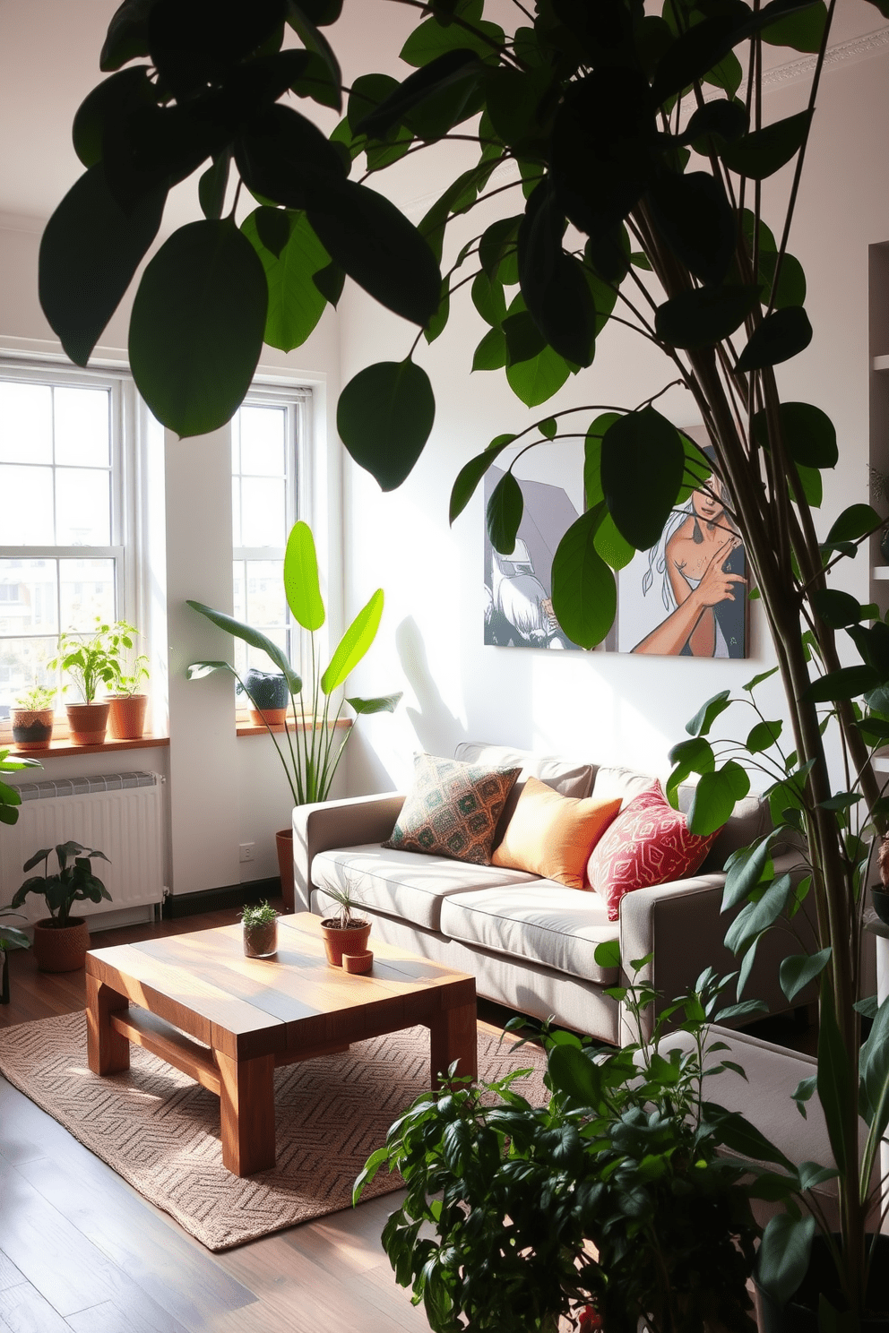 A contemporary apartment filled with indoor plants creates a fresh and vibrant atmosphere. Large leafy plants are strategically placed in the corners, while smaller potted herbs adorn the kitchen windowsill. The living area features a sleek sofa with colorful throw pillows, complemented by a coffee table made of reclaimed wood. Natural light floods the space through expansive windows, enhancing the greenery and inviting a sense of tranquility.