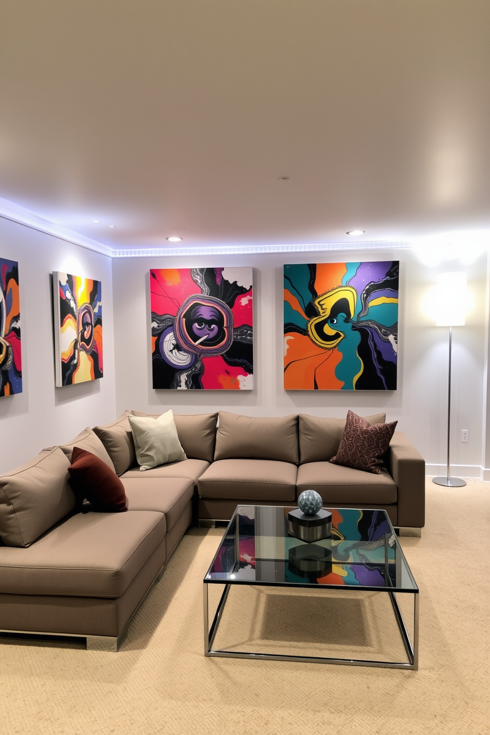 A contemporary basement designed for relaxation and entertainment. The space features a large sectional sofa in a neutral color, paired with a sleek coffee table made of glass and metal. On the walls, vibrant contemporary art pieces add visual interest and personality. Soft ambient lighting highlights the artwork, creating a warm and inviting atmosphere.