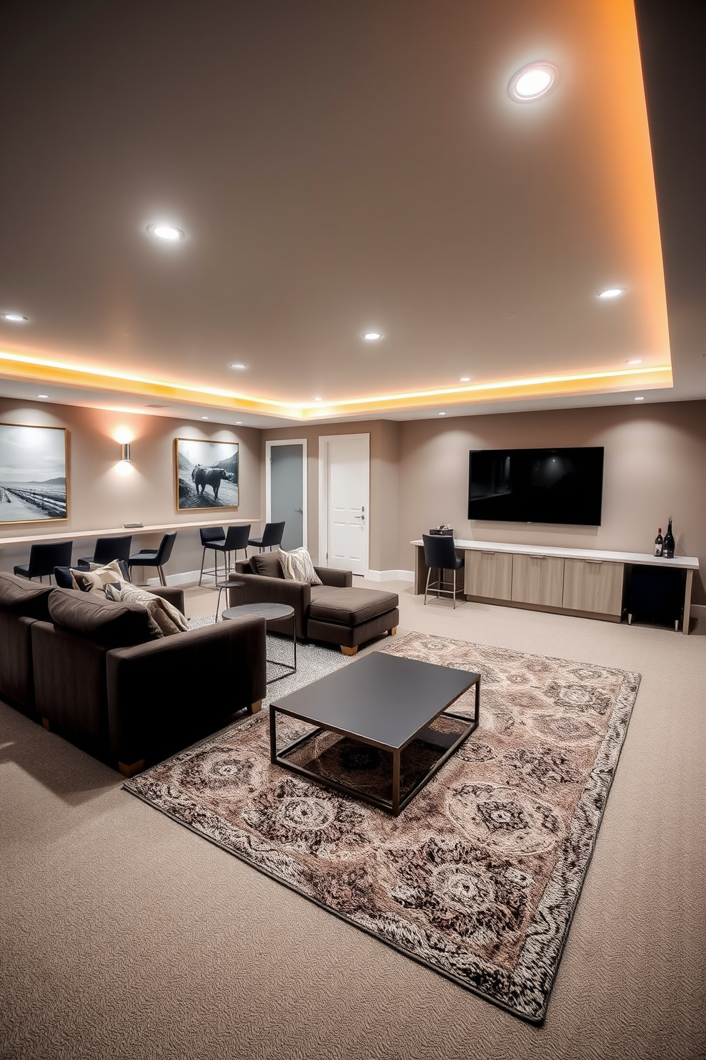 A contemporary basement design featuring a spacious layout that includes a cozy seating area with plush sofas and a sleek coffee table. Area rugs in varying textures are strategically placed to define the living space, creating a warm and inviting atmosphere. The entertainment zone showcases a modern media console with a large flat-screen TV mounted on the wall. Soft lighting fixtures enhance the ambiance, while a stylish bar area with high stools adds a touch of sophistication.