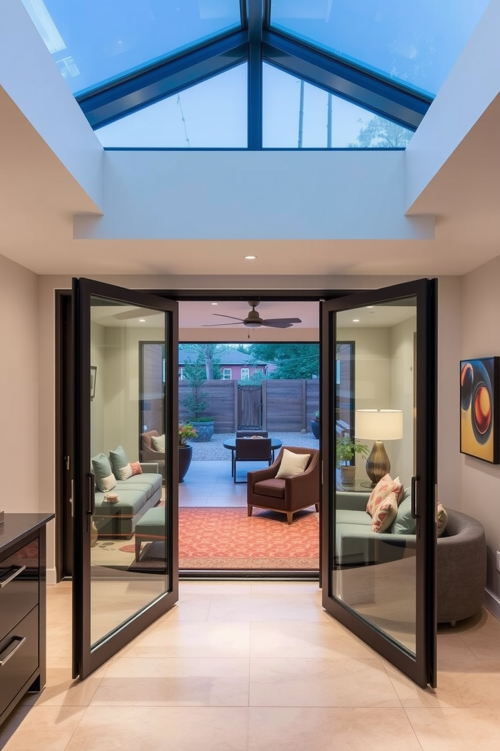 A contemporary basement design featuring large glass doors that open to an outdoor patio. The space is filled with natural light, showcasing a cozy seating area with modern furniture and a stylish rug.