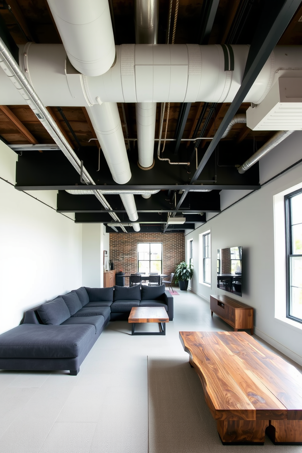 A contemporary basement design featuring industrial style with exposed beams and ducts. The space includes a sleek sectional sofa in dark gray, paired with a reclaimed wood coffee table. The walls are painted in a soft white to contrast with the raw materials. Large windows allow natural light to flood the area, enhancing the modern aesthetic.