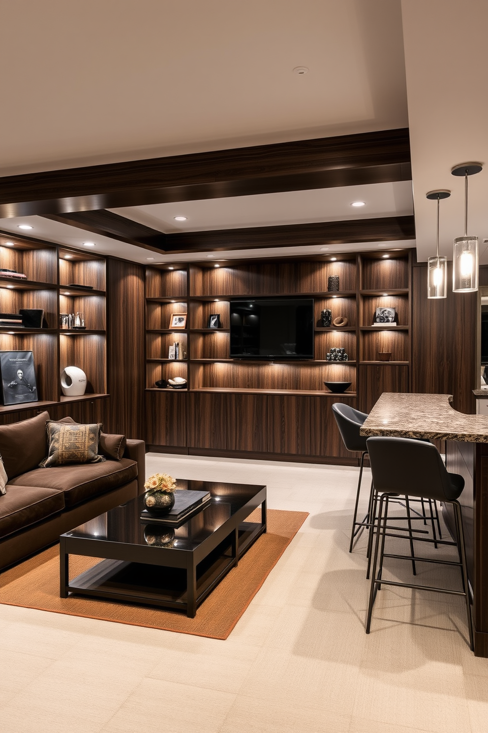 A contemporary basement design featuring dark wood accents that add warmth and elegance to the space. The room includes a cozy seating area with plush sofas, a sleek coffee table, and built-in shelving that showcases decorative items. Soft ambient lighting highlights the rich tones of the wood while creating an inviting atmosphere. A modern bar area with high stools complements the overall aesthetic, making it perfect for entertaining guests.