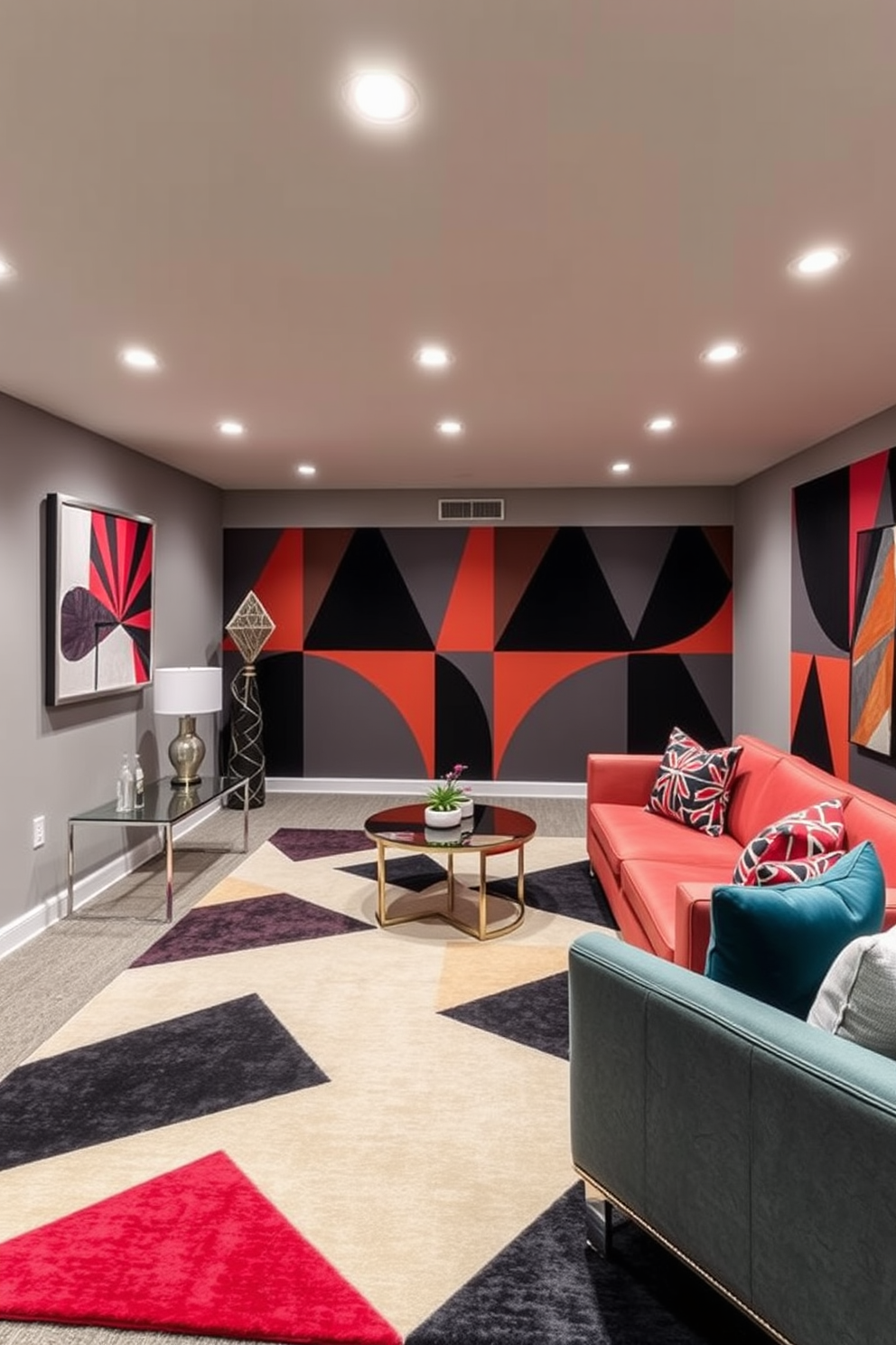 A contemporary basement designed with bold geometric patterns in decor elements. The walls are painted in a soft gray tone, while the furniture features sharp angles and vibrant colors that enhance the modern aesthetic. A large area rug with a striking geometric design anchors the seating area, complemented by sleek metallic accents. Recessed lighting highlights the unique shapes and textures throughout the space, creating a dynamic and inviting atmosphere.