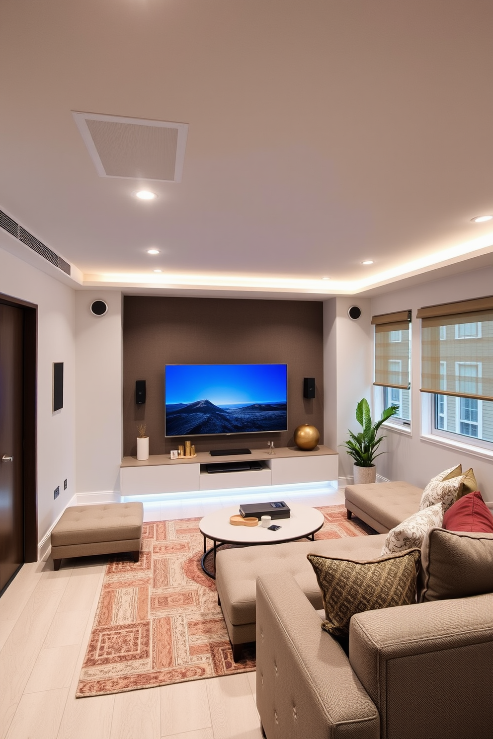 A contemporary basement designed with smart home technology seamlessly integrated into its layout. The space features sleek, minimalist furniture and ambient lighting that can be controlled via a mobile app. Incorporated smart speakers provide high-quality sound, while automated window shades adjust to optimize natural light. A stylish entertainment center showcases a large flat-screen TV, surrounded by comfortable seating and modern decor elements.