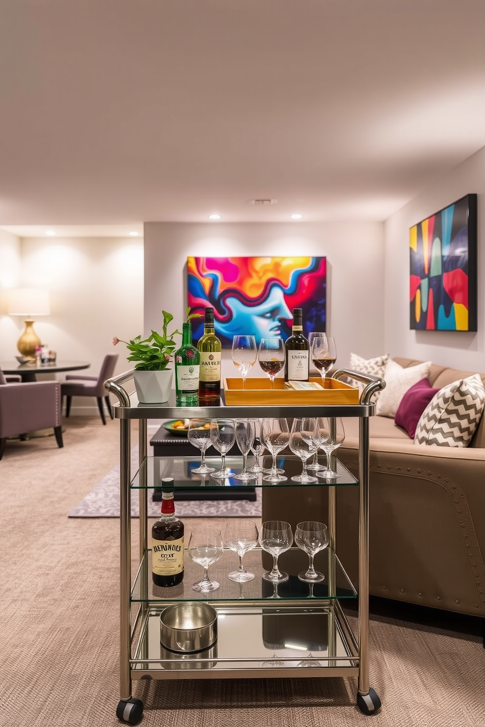 A stylish bar cart for entertaining guests features a sleek metallic frame with glass shelves showcasing an array of fine spirits and elegant glassware. The cart is adorned with a small potted plant and a decorative tray, enhancing its aesthetic appeal while providing functionality. Contemporary basement design ideas include an open layout with comfortable seating arrangements and modern lighting fixtures that create a warm atmosphere. The walls are painted in soft neutral tones, complemented by vibrant artwork that adds a pop of color to the space.