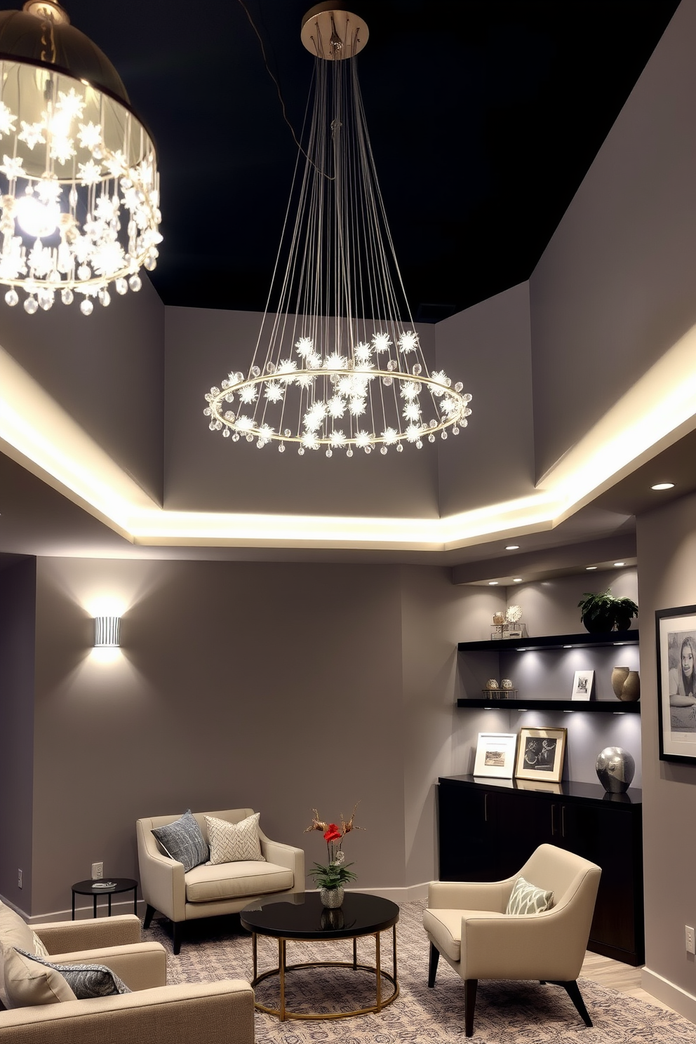 A contemporary basement design featuring unique light fixtures as focal points. The space includes a cozy seating area with modern furniture, complemented by an eye-catching chandelier that draws attention to the ceiling. The walls are painted in a soft gray hue, creating a calming atmosphere. Accent lighting highlights artwork and shelves, enhancing the overall aesthetic of the basement.