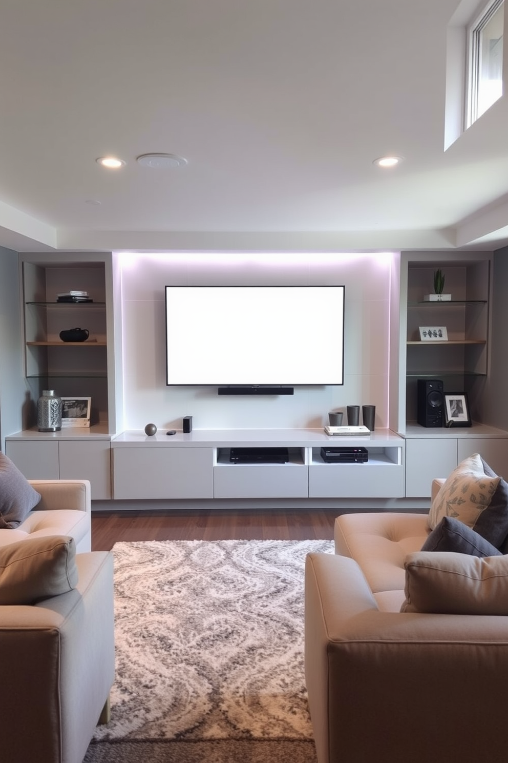 A sleek built-in media center occupies the focal wall of the contemporary basement, featuring a large flat-screen TV mounted above a minimalist console. The console is adorned with stylish decor items and integrated storage for media devices, while soft LED lighting highlights the space. The surrounding walls are painted in a warm gray tone, complemented by plush seating arranged for optimal viewing. A cozy area rug anchors the seating arrangement, and large windows allow natural light to filter in, creating an inviting atmosphere.