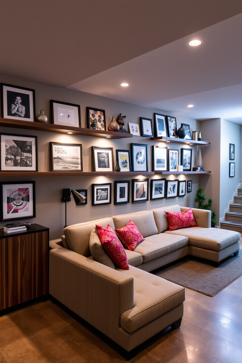 A contemporary basement design featuring a creative use of wall space for display. The walls are adorned with an eclectic mix of framed artwork and floating shelves showcasing curated decor items. The flooring is a sleek polished concrete, providing a modern contrast to the warm wood accents throughout the space. A cozy seating area with a sectional sofa and vibrant throw pillows invites relaxation, while strategically placed lighting highlights the displayed pieces.