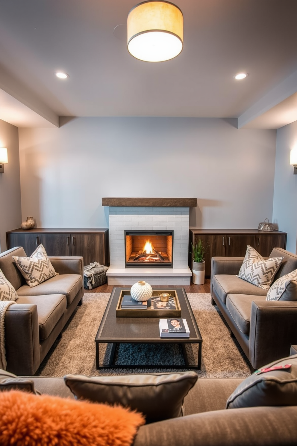 A warm fireplace serves as the cozy gathering spot in a contemporary basement design. The space features plush seating arranged around the fireplace, with soft throw blankets and decorative pillows enhancing the inviting atmosphere. The walls are painted in a soft gray, complemented by sleek wooden accents and modern lighting fixtures. A stylish coffee table sits in the center, adorned with books and a decorative tray, creating a perfect setting for relaxation and conversation.