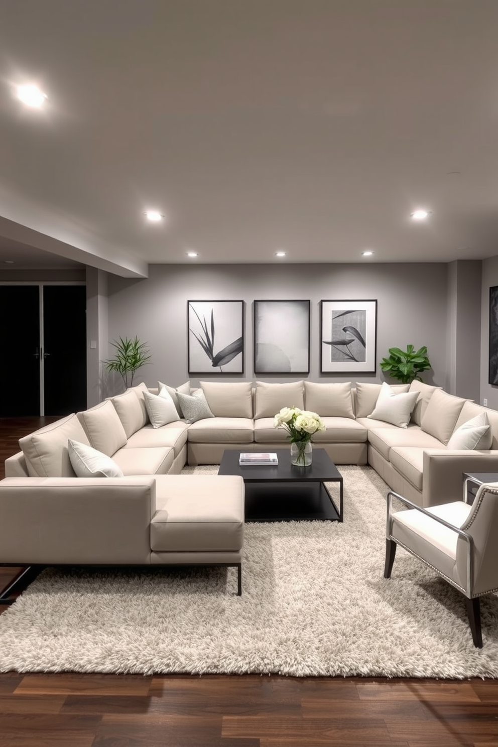 A large sectional sofa in neutral tones is the focal point of a contemporary basement design. Surrounding the sofa are sleek accent chairs and a modern coffee table, creating an inviting conversation area. The walls are painted in a soft gray, enhancing the spacious feel of the room. A plush area rug lies beneath the furniture, adding warmth and texture to the space.