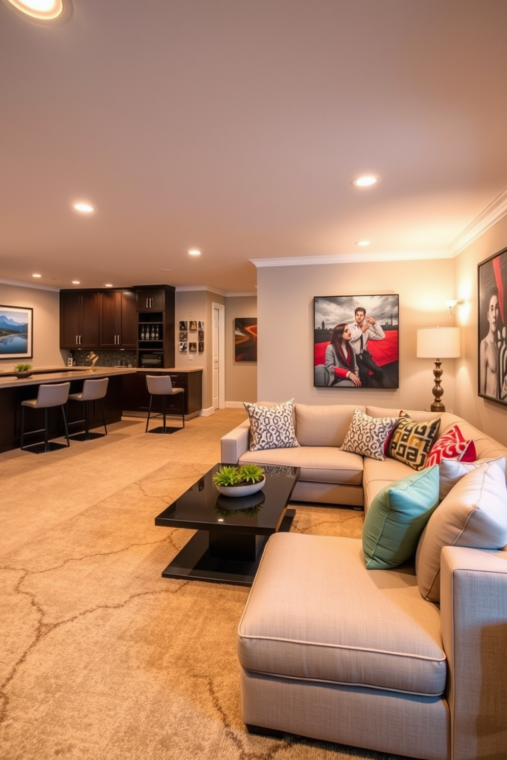 A contemporary basement designed for relaxation and entertainment. The space features a large sectional sofa in a neutral tone, complemented by vibrant throw pillows and a sleek coffee table at the center. To one side, a built-in bar area showcases modern cabinetry and stylish bar stools. The walls are adorned with artwork that reflects personal interests, while warm lighting creates an inviting ambiance throughout the room.