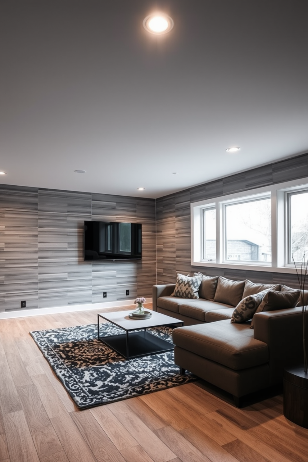 A contemporary basement features an accent wall with textured paneling that adds depth and interest to the space. The room is designed with a cozy seating area, showcasing a plush sectional sofa and a sleek coffee table. Soft ambient lighting highlights the paneling, creating a warm and inviting atmosphere. A modern rug anchors the seating area, while large windows allow natural light to filter in, enhancing the overall design.