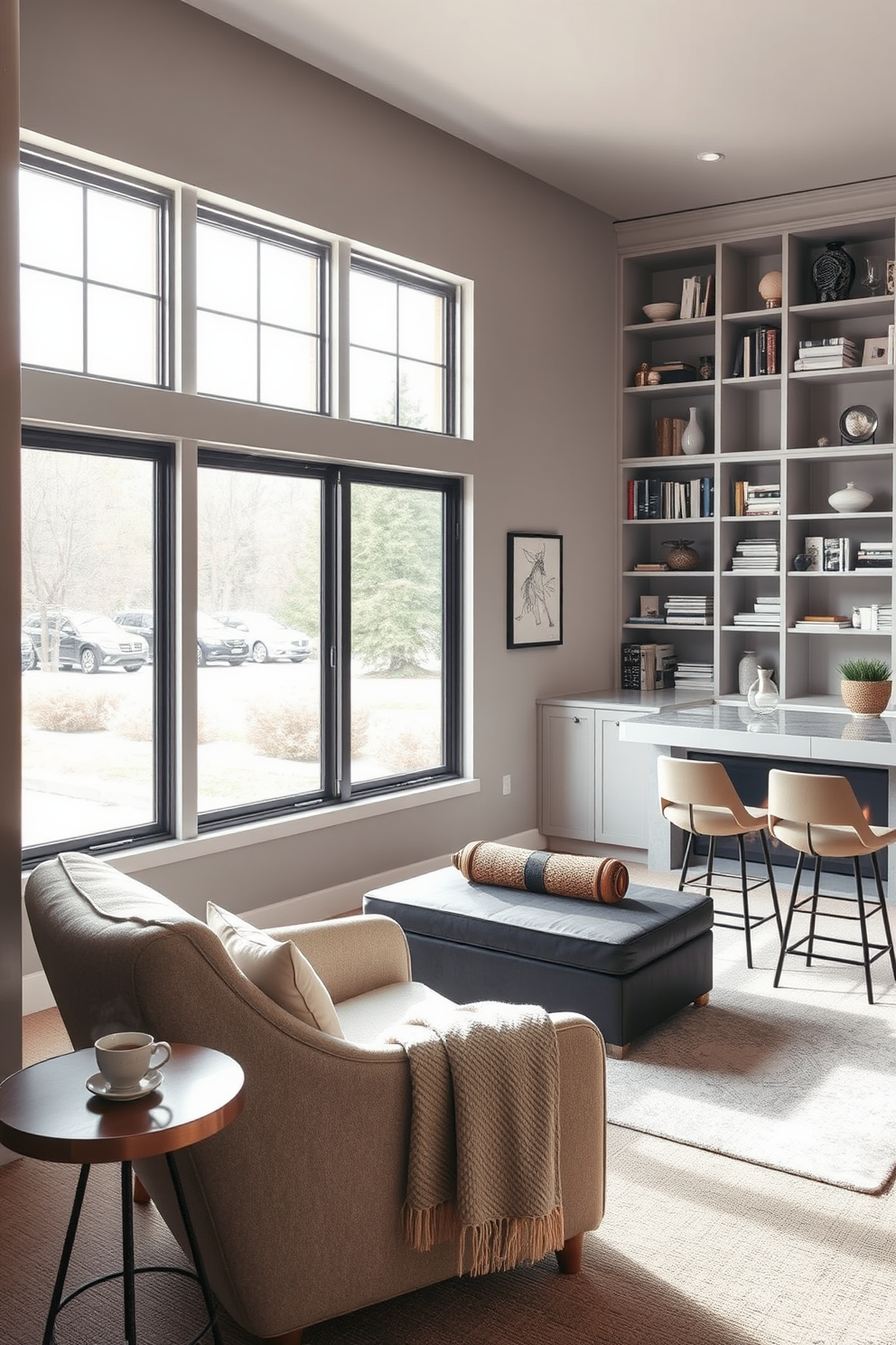 Cozy reading nook with built-in shelves. A plush armchair is positioned next to a large window, with soft natural light streaming in. The walls are lined with custom-built shelves filled with books and decorative items. A small side table holds a steaming cup of tea, while a warm throw blanket drapes over the armchair. Contemporary basement design ideas. The space features an open layout with a sleek sectional sofa facing a modern fireplace. Large windows provide ample light, and the walls are painted in a soft gray tone. A stylish bar area with high stools complements the entertainment zone, creating a perfect gathering space.